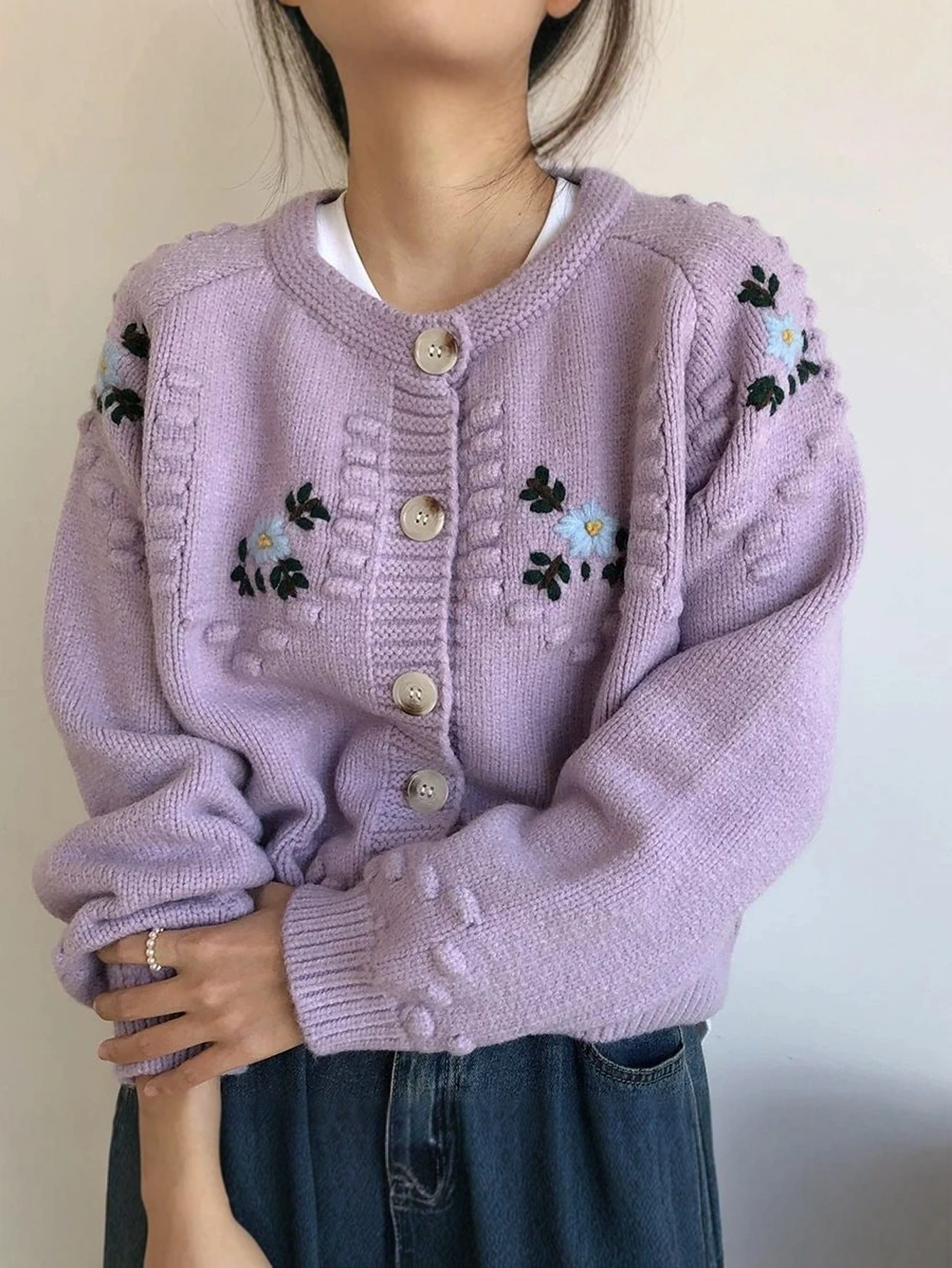 미아 뮤즈 여성용 플로럴 버튼 카디건 긴 소매 라운드 넥 캐주얼 가을 겨울 우아한 일상복