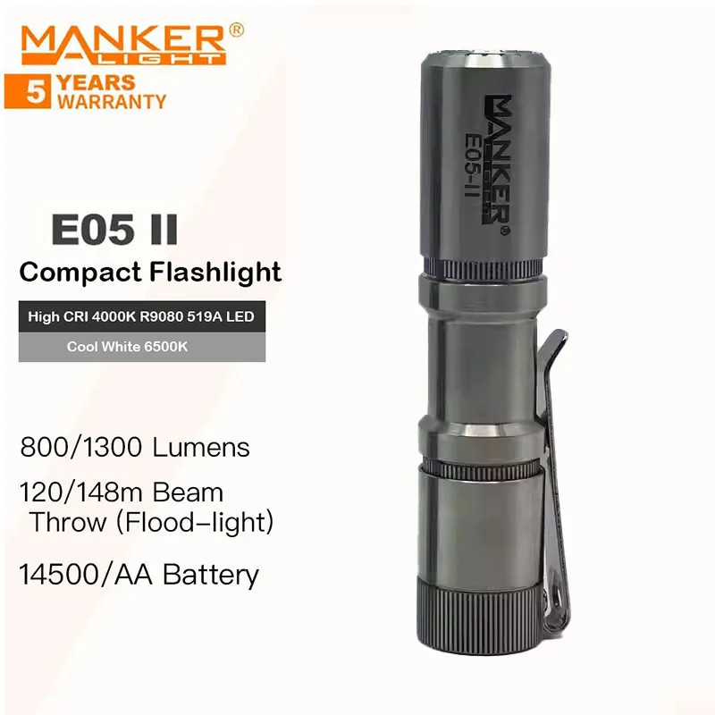 Manker E05 II (Titanium Alloy Version) Compact EDC Flashlight, High Density White LED Emitter 1300 Lumens