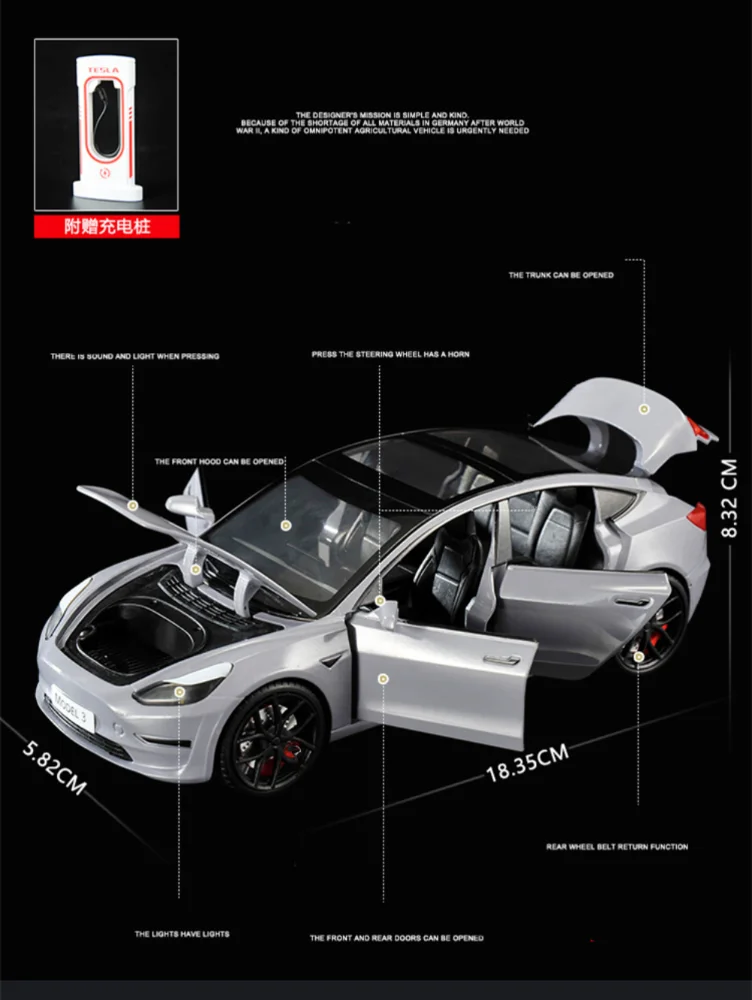 Tesla Model 3 Diecast Modellauto 1:24 - Metall, Hochdetailliert, Türen Und Haube öffnenbar