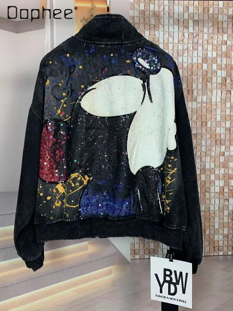 

2025 New Autumn Winter Stand Collar Heavy Sequin Cartoon Print Loose Fashion Zipper Jacket for Women Street Style Short Coat