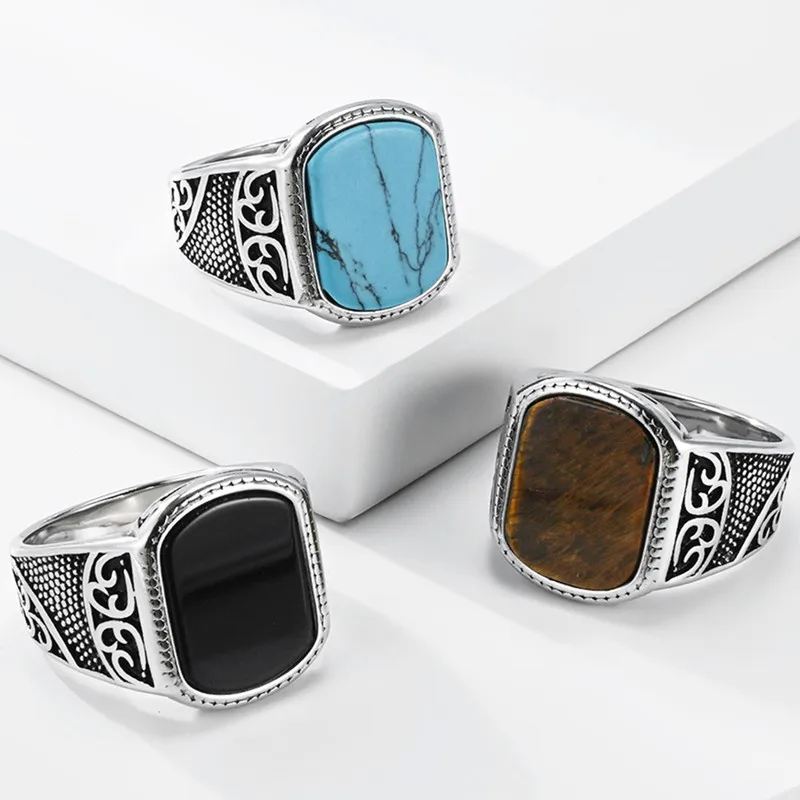 Vintage Carved Openwork Titanium Steel Ring for Men With Natural Turquoise Stone Masculine Fashion Index Finger Bands Sizes 8-13