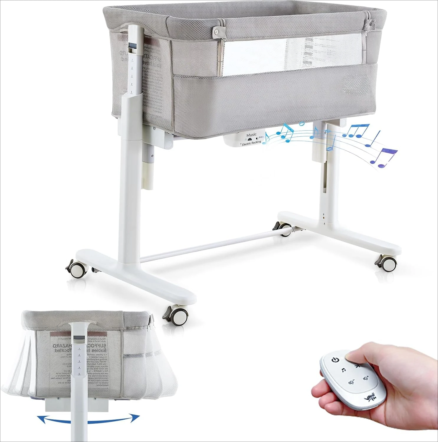 Rocking Bassinet for Baby Automatic Bedside Bassinet Electric Baby Cradle 5 Heights Adjustable Bedside Sleeper for Babies Infant