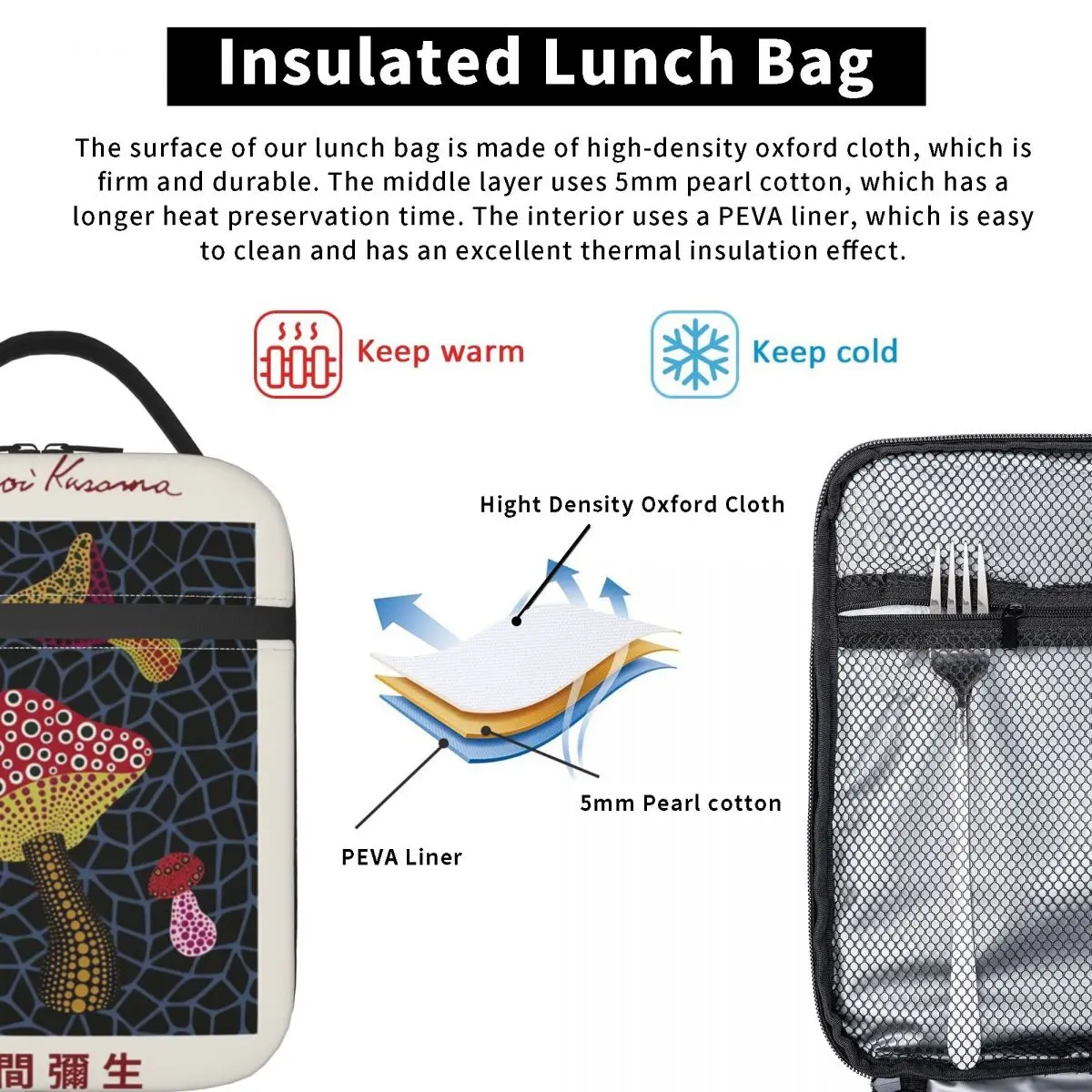 Yayoi Kusama Mushrooms Exhibition Insulated Lunch Bags Storage Food Box Portable Thermal Cooler Lunch Boxes For Travel