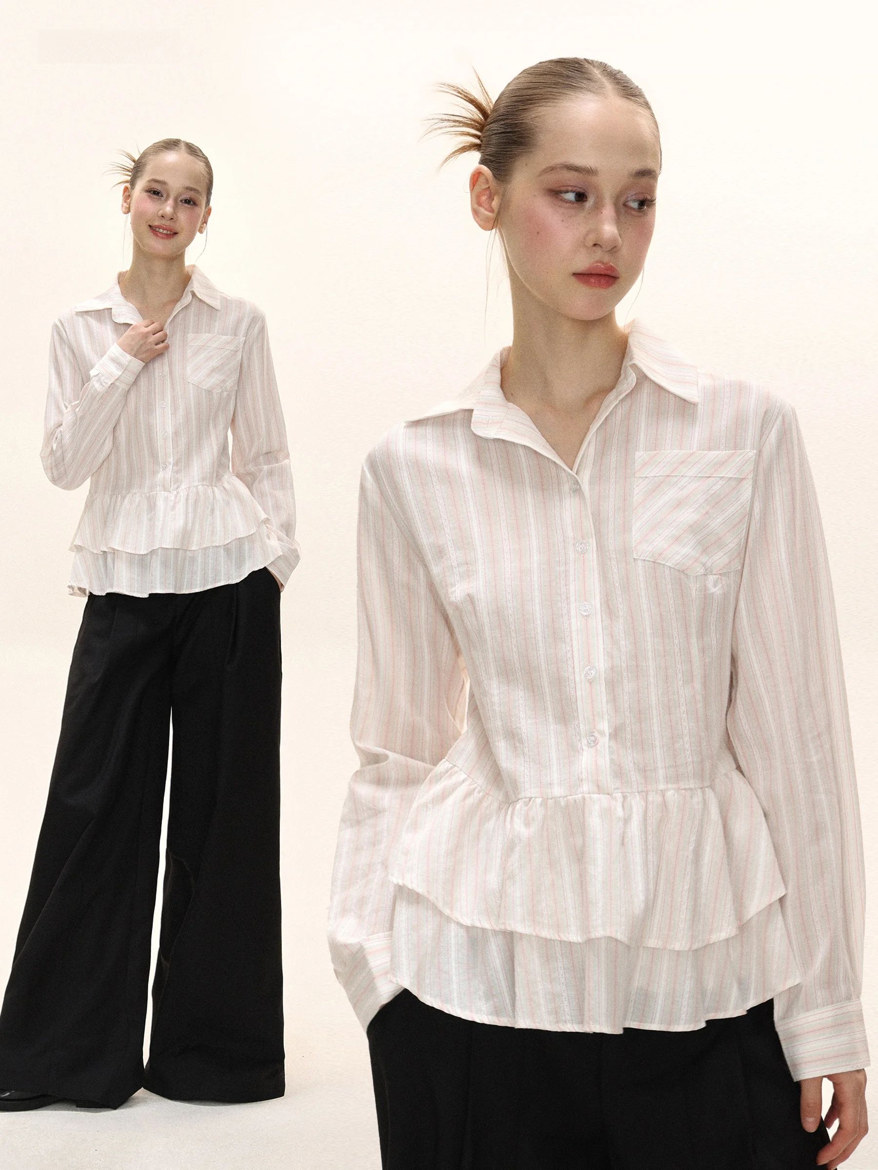 Pink Striped Hem Lace Casual Loose Long Sleeve Women's Shirt Autumn Design Slimming Fashionable Open Cardigan Style Blouse