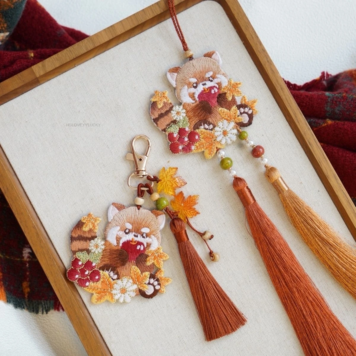 Chinese Style Maple Leaf Red Panda Double-sided Embroidery Hanfu Forbidden Step Ancient Style Hanging Ornament Accessory Gifts