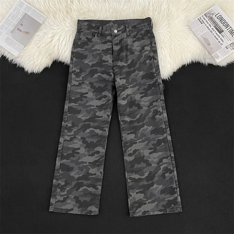 

Американские камуфляжные джинсы High Street, мужские уличные свободные джинсы в стиле хип-хоп с прямыми штанинами, расклешенные джинсы для рабочей одежды