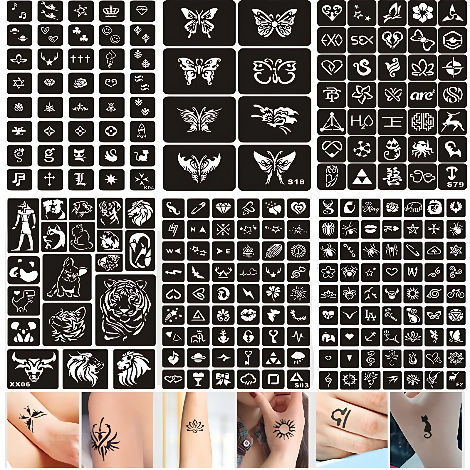 Reusable Temporary Glitter Tattoo Stencils Butterfly Cross Fairy Wolf Airbrush Henna Template for Men Women Kid Schmink Sjabloon