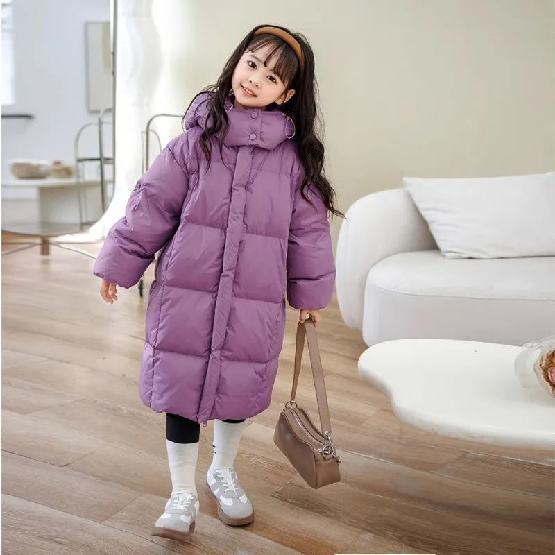 

Winter Boys Girls Down Jacket Long Style Purple/Black Parka Coat Hooded Zipper Outerwear Birthday Gift Kids Cotton Clothes 5-14Y