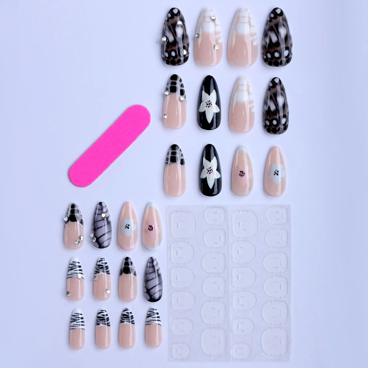 24 قطعة ثلاثية الأبعاد الأزهار الأظافر كاذبة حجر الراين تفاصيل عارية الحيوان طباعة اللوز شكل اضغط على الأظافر منفعل الحلو اليومية مسمار الفن للنساء