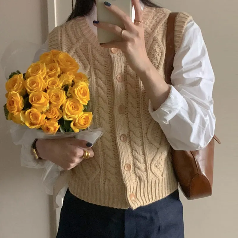 Korean Style Chic Simple Knitted Vest for Women O Neck Sleeveless Loose Casual Sweater Waistcoat Autumn Winter 2024 Vintage Tops