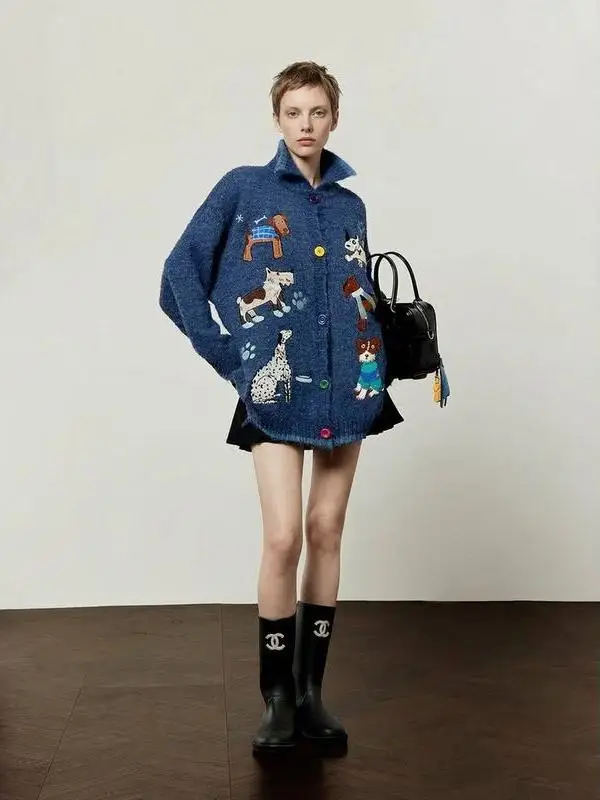 

Blue Knitted Loose Women's Sweater Spring 2026 New Sle Dog Pattern Color Blo Vintage Open Cardigan Casual Faion
