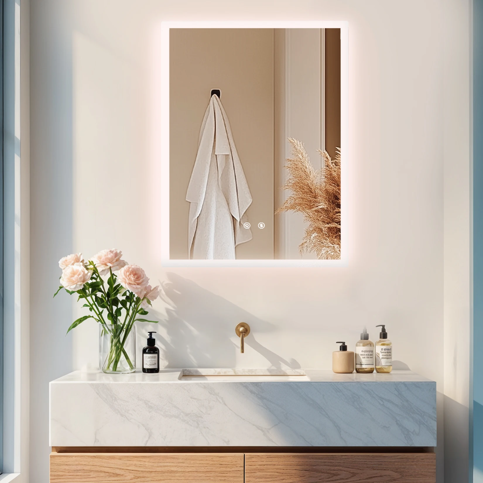 LUVODI Illuminated Bathroom Makeup Mirror,Modern Wall Mounted Bathroom Vanity Mirror Lighted Makeup Mirror with Three Colors Temperature,Fogless,Waterproof IP44