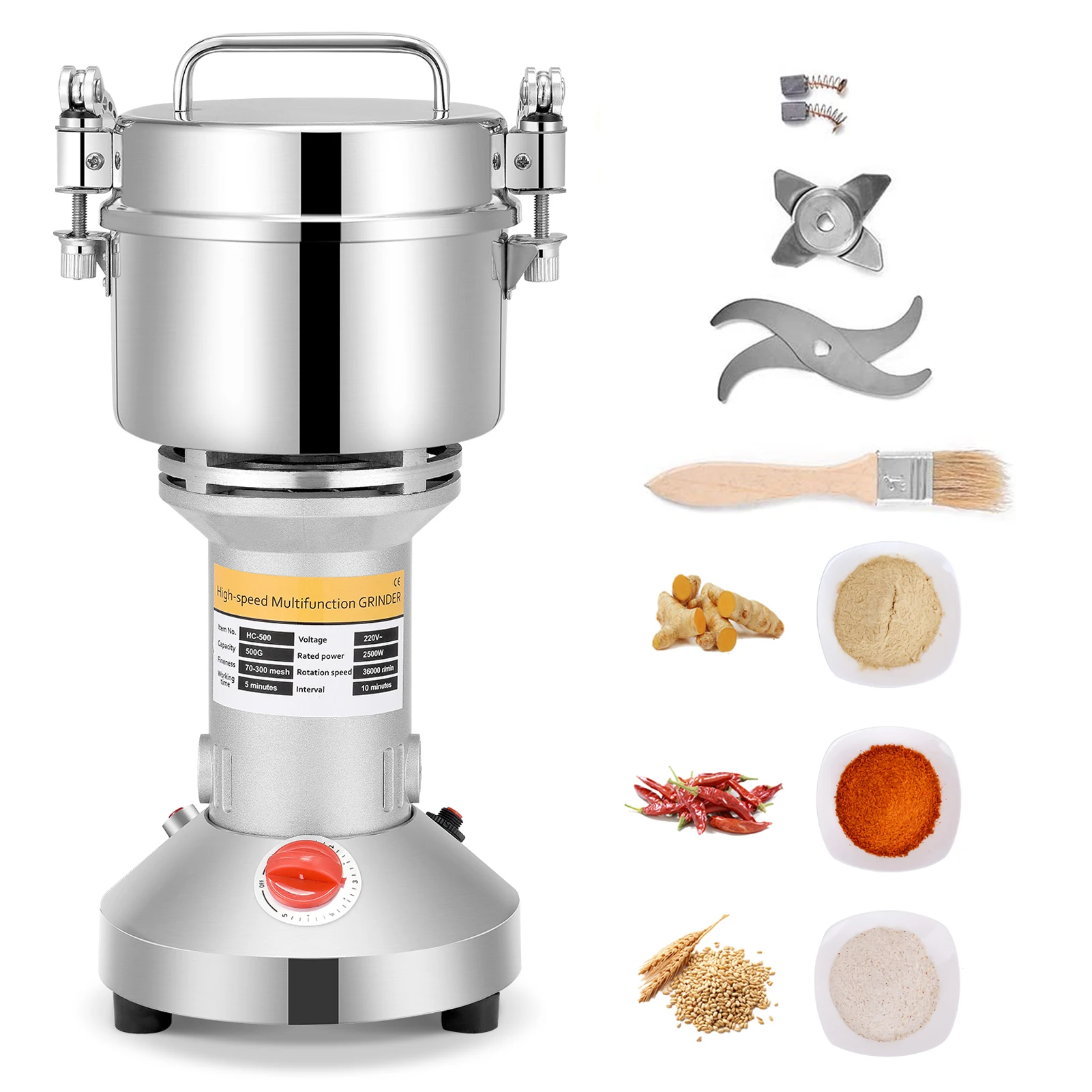 

500g Grain Spice Portable Grain Mill Flour Powder Machine 3Blades Timing Grinder For Crushing Wheat Herb Soybean Millet Corn