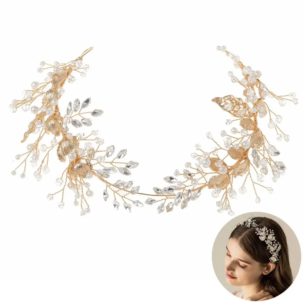 

Prom Pearl Crystal Headband Rhinestone Floral Jewelry Headdress Handmade Leaf Design Bridal Headpiece Women Bridal