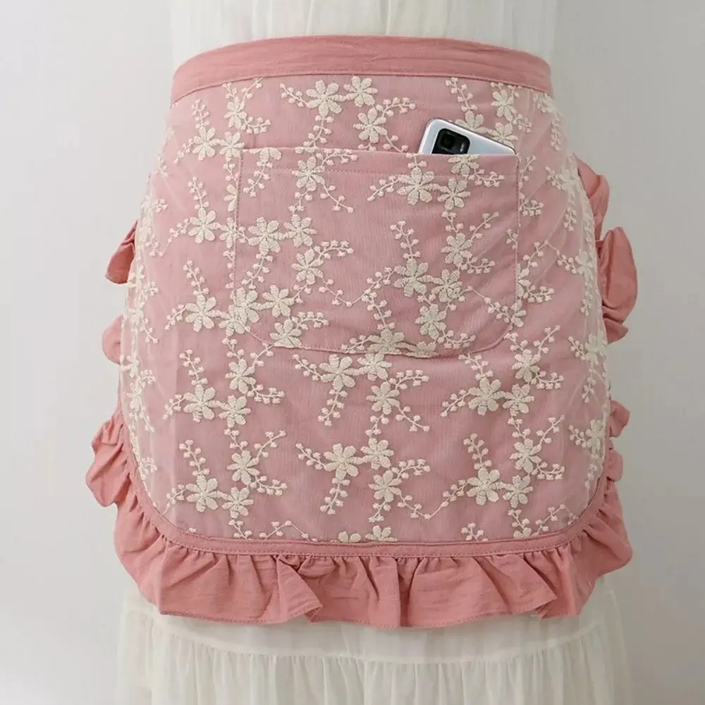 New Lace Embroidered Ruffled Half Apron Dual Pockets Anti-fouling Waist Apron Washable Kitchen Kitchen Apron