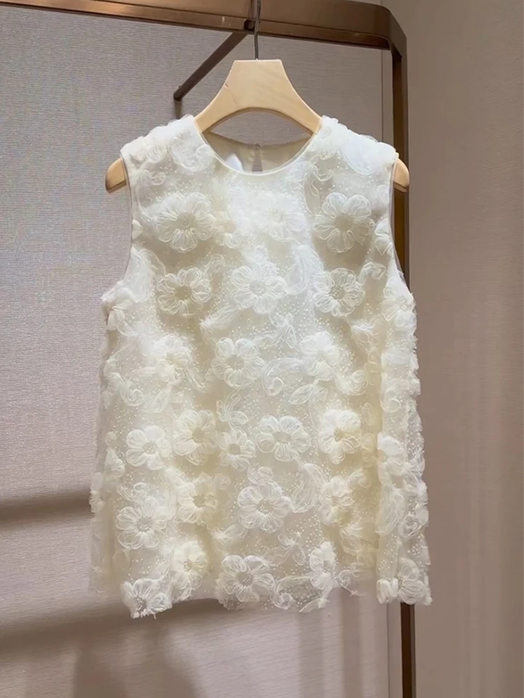

White Sequin 3D Flower Vest Women's Summer New Design Sweet Youthful Sleeveless Top Standard Fit Polyester Fiber Casual Wear