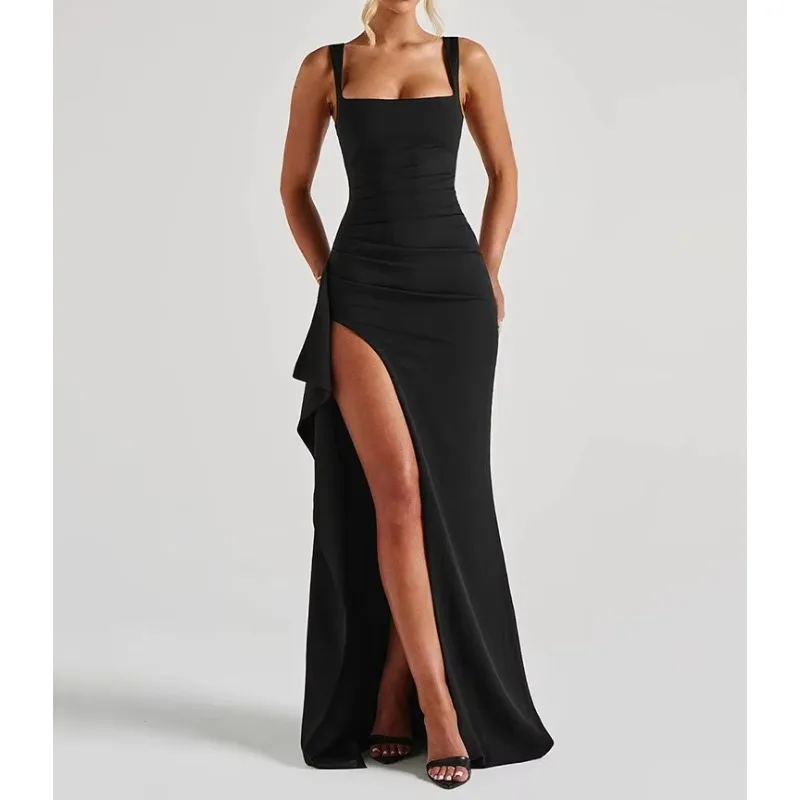 Black Backless Sexy Maxi Dress For Women Gown Spaghetti Strap Sleeveless Thigh High Split Club Evening Long Dress