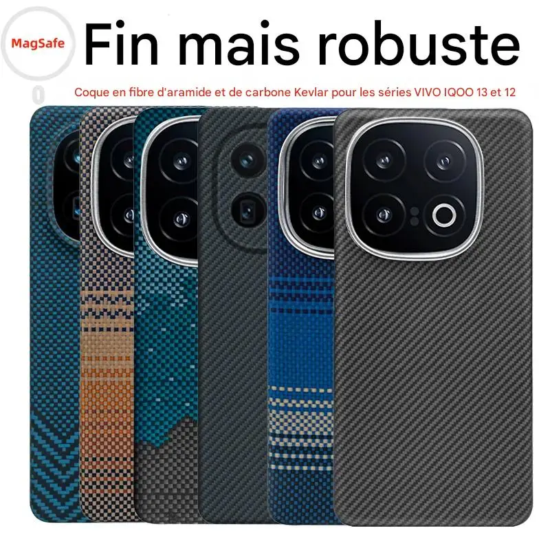 Coque en carbone pour vivo iqoo 13/iqoo 12 Pro, fibre d'aramide kevlar 600d, couverture rigide ultra fine, magnétique, noir, rouge clair