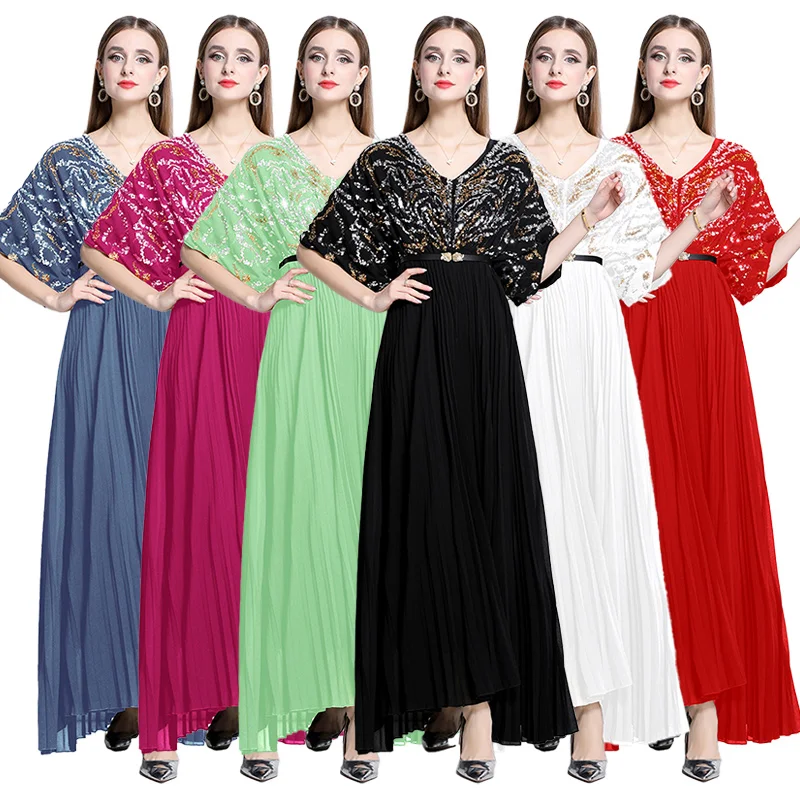 

Sexy Luxury Sequined Long Pleated Dress Women Deep V-neck Short Sleeve Dresses Summer Lady Party Evening Robe New Vestidos SL155