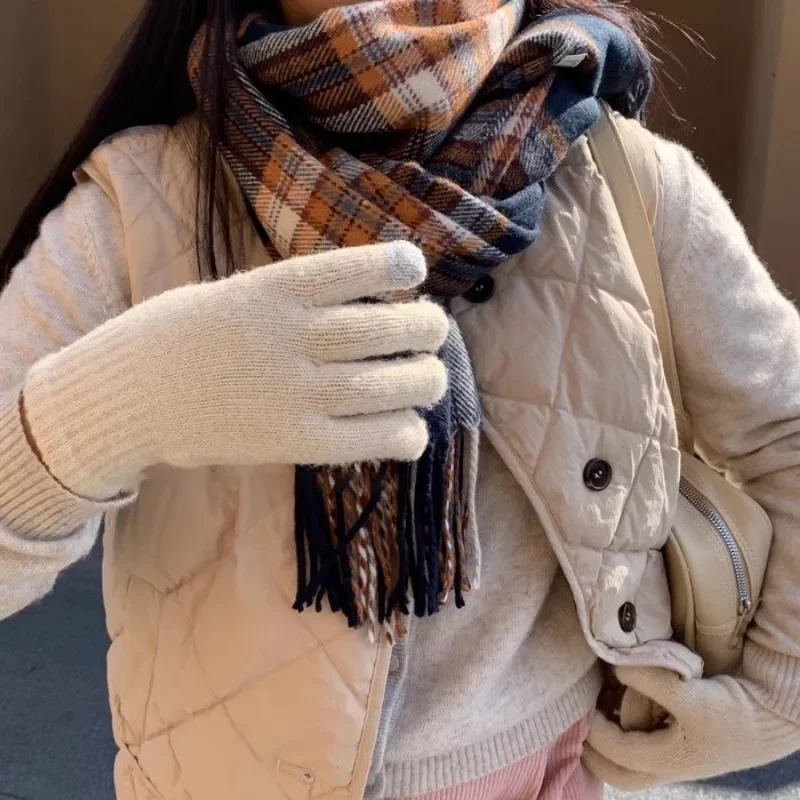 Simple Autumn Winter Plush Thickened Warm Cashmere Touch-Screen Gloves Cold-Resistant Soft Sweet Cool Versatile Knitted Gloves