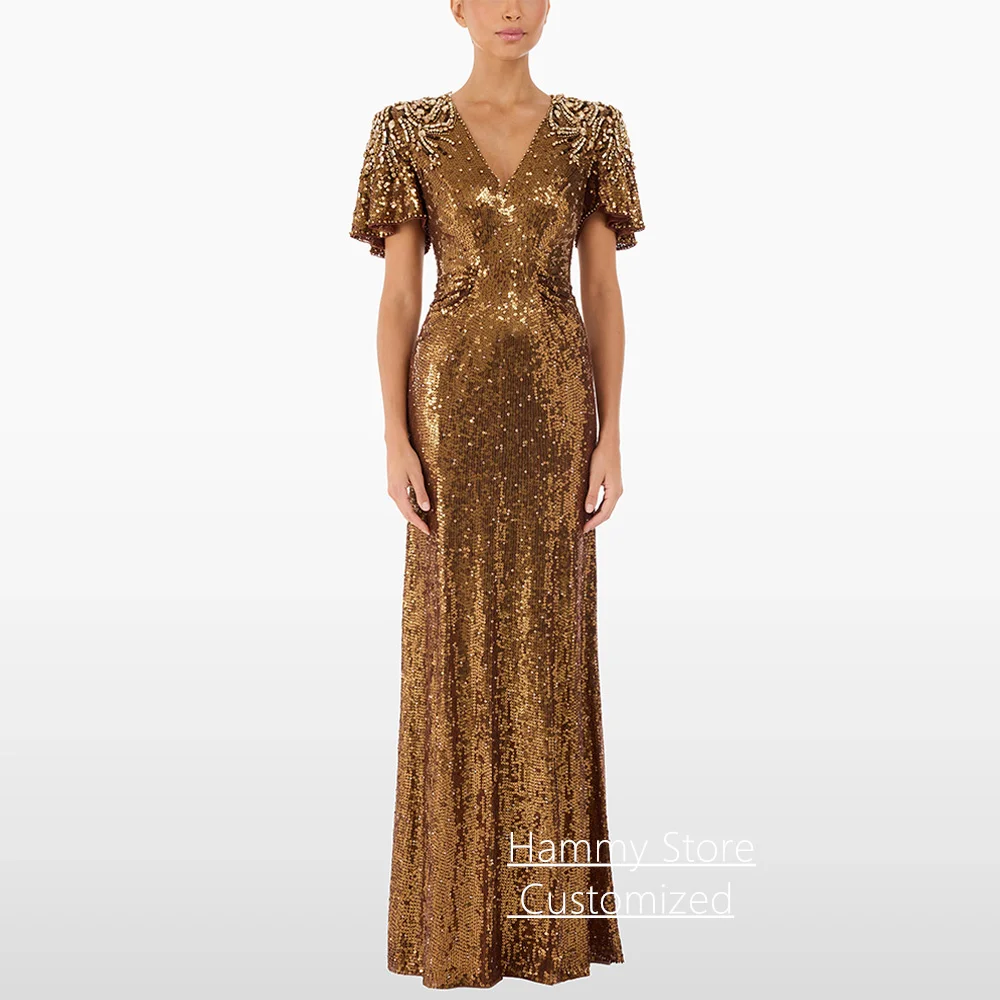 Paillettenbesetztes Ballkleid, maßgeschneidert, V-Ausschnitt, kurze Ärmel, Perlenstickerei, Kristall, bodenlang, Tanz- und Partykleid, glänzende Ballkleider