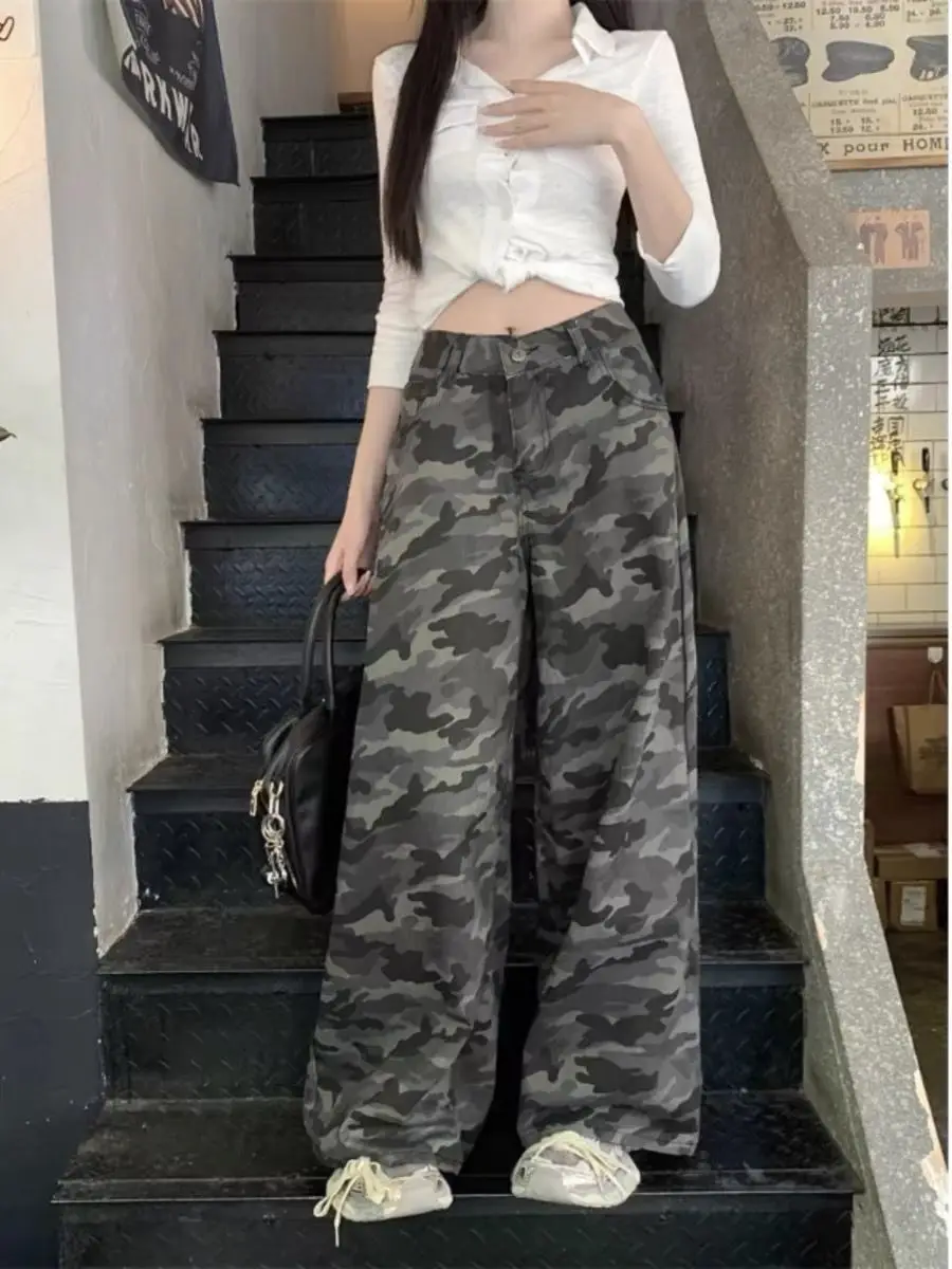

Jeans Women Camouflage Retro Fashion Cargo Pants Female Autumn Retro High Waist Pants Loose Slim Straight Leg Casual Woman Pants