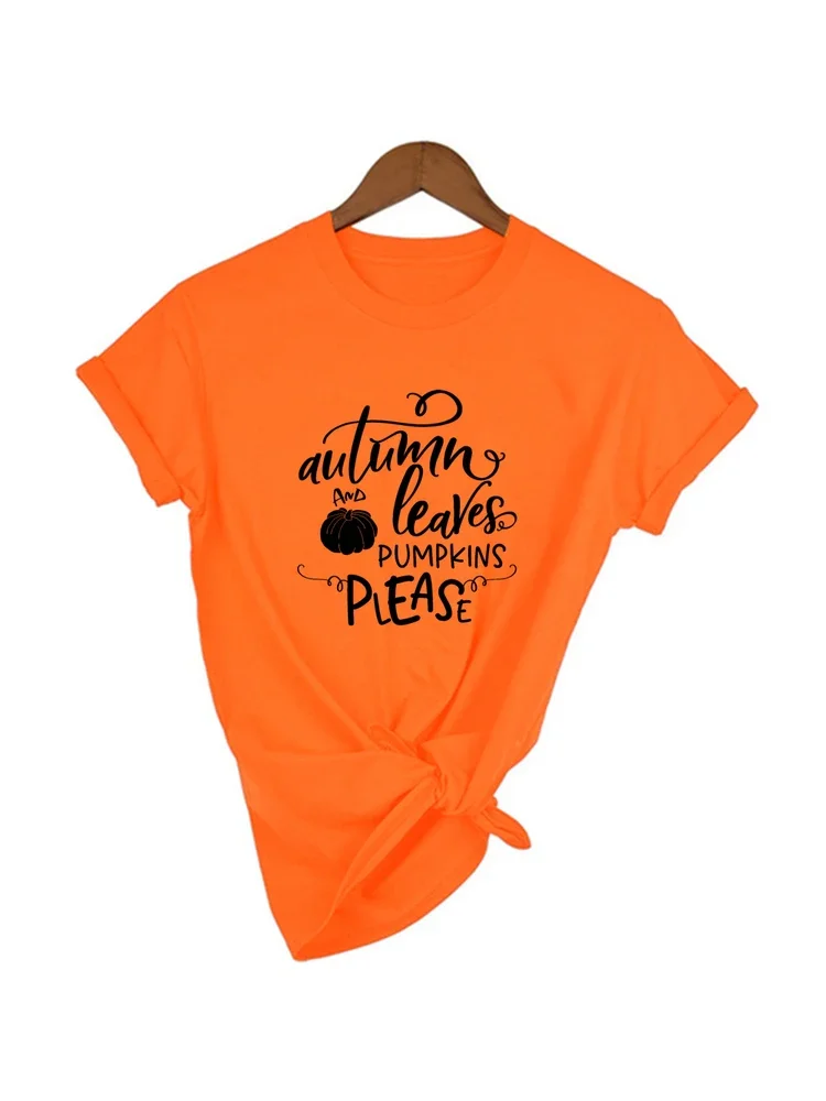 Women Letter Print Autumn and Leaves Print Pumpkins 2024 Women Halloween Party Tops Harajuku Graphic Female Tee Camisetas