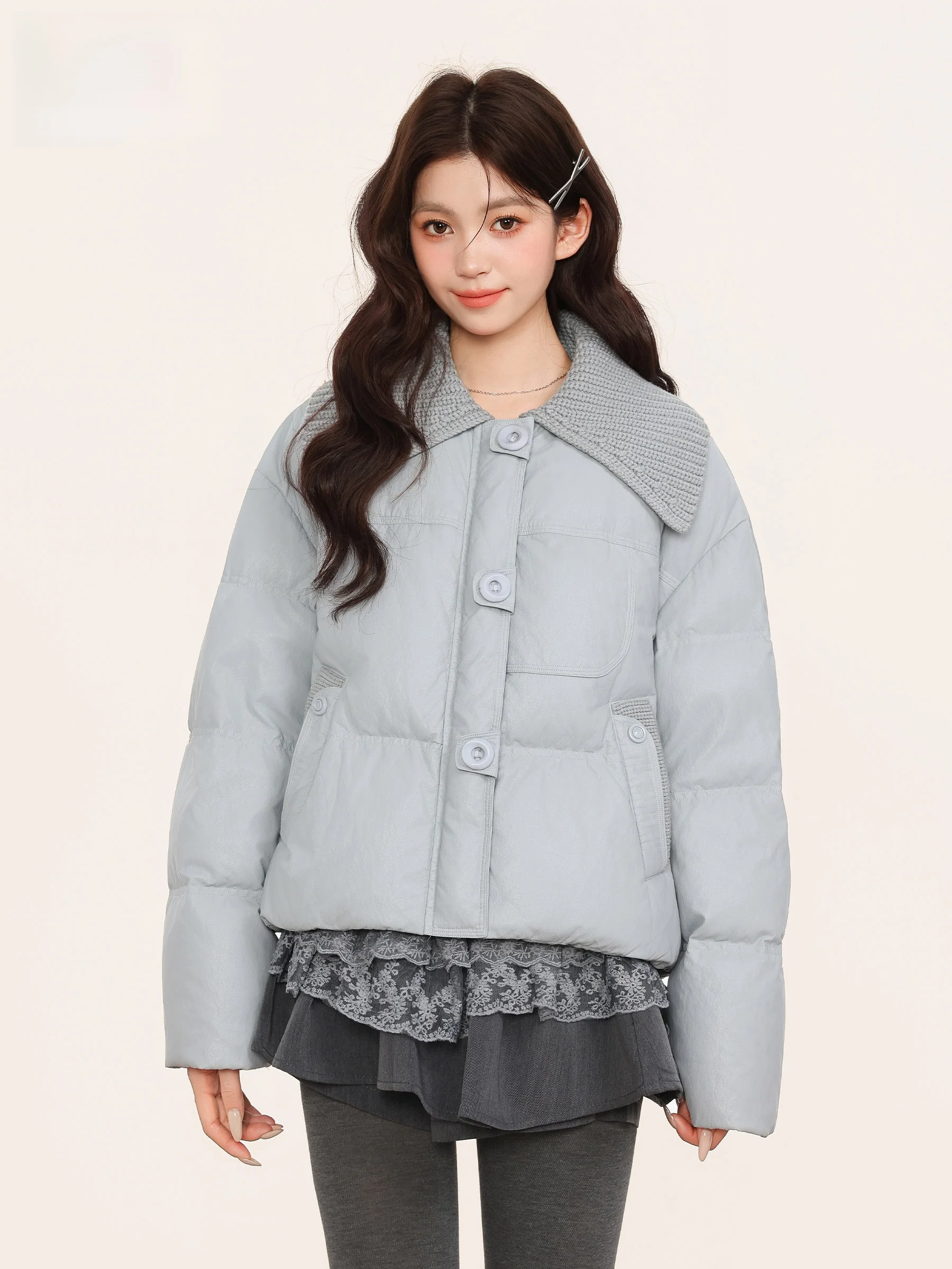 

Корейский стиль: короткая вязаная куртка-пуховик для женщин, летняя новинка, свободный крой, утолщенная, теплая, с отложным воротником, дизайнерская верхняя одежда