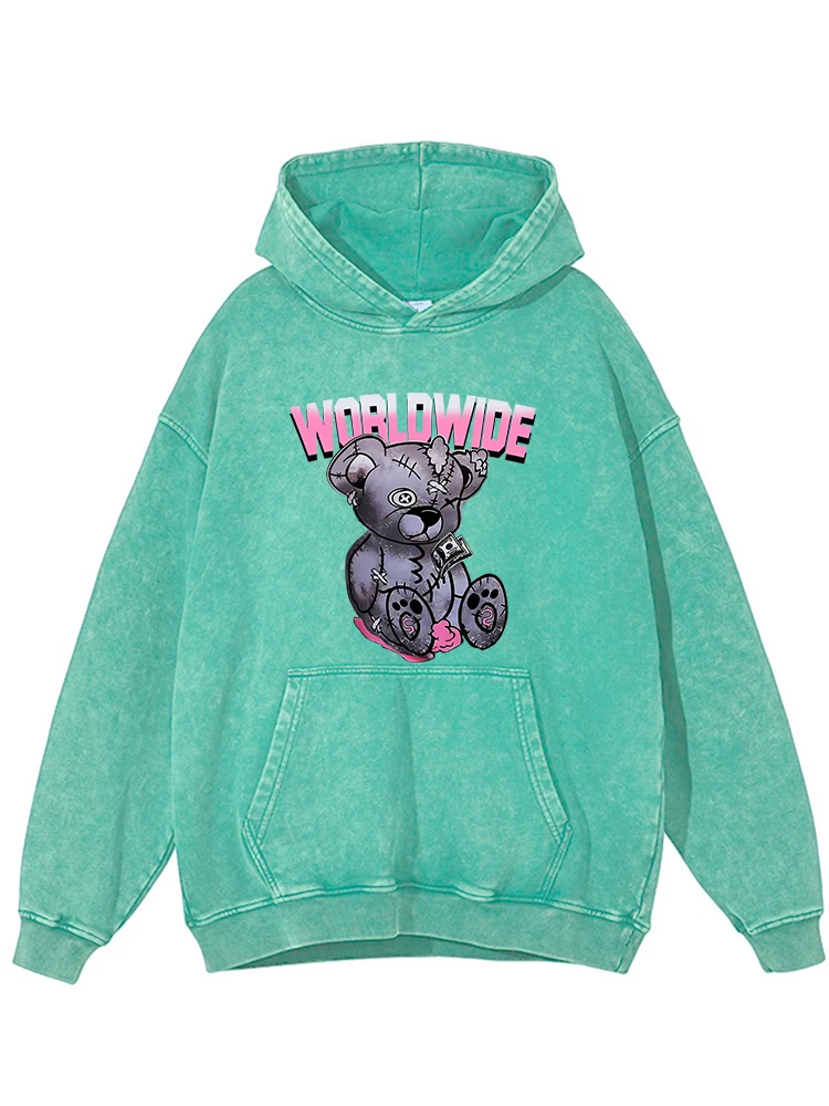 Marioneta dos desenhos animados urso impressão feminina lavado hoodies moda confortável moletom com capuz de algodão quente outono versátil roupas femininas