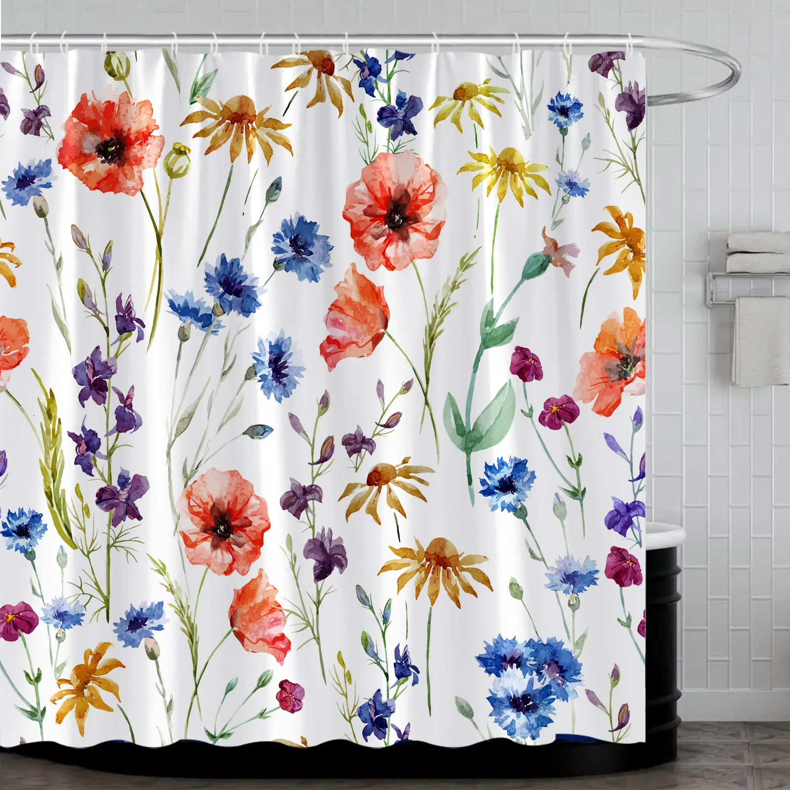 Flower Shower Curtain Hook Watercolor Plant Floral Leaves Flowering Branches Decor Fabric Curtains Bathroom Accessories Sets