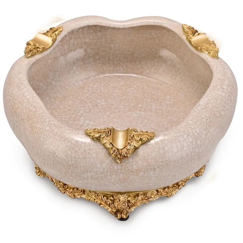 CIGARLOONG Vintage Ice Crack Ceramic Cigar Ashtray Luxury Gold Embossed Multi Slot Ornament for Home Bar Decoration Elegant