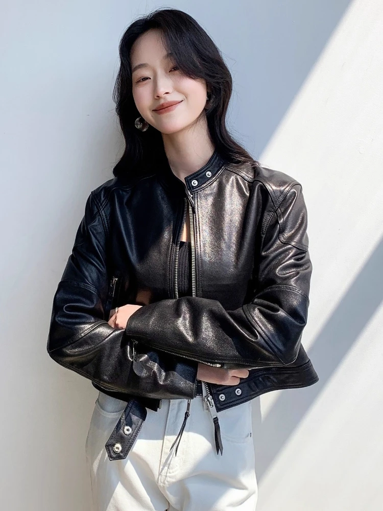 Vintage Cropped Genuine Leather Motorcycle Jacket Women Spring Autumn High-end Simple Stand Collar Slim Soft Real Sheepskin Coat