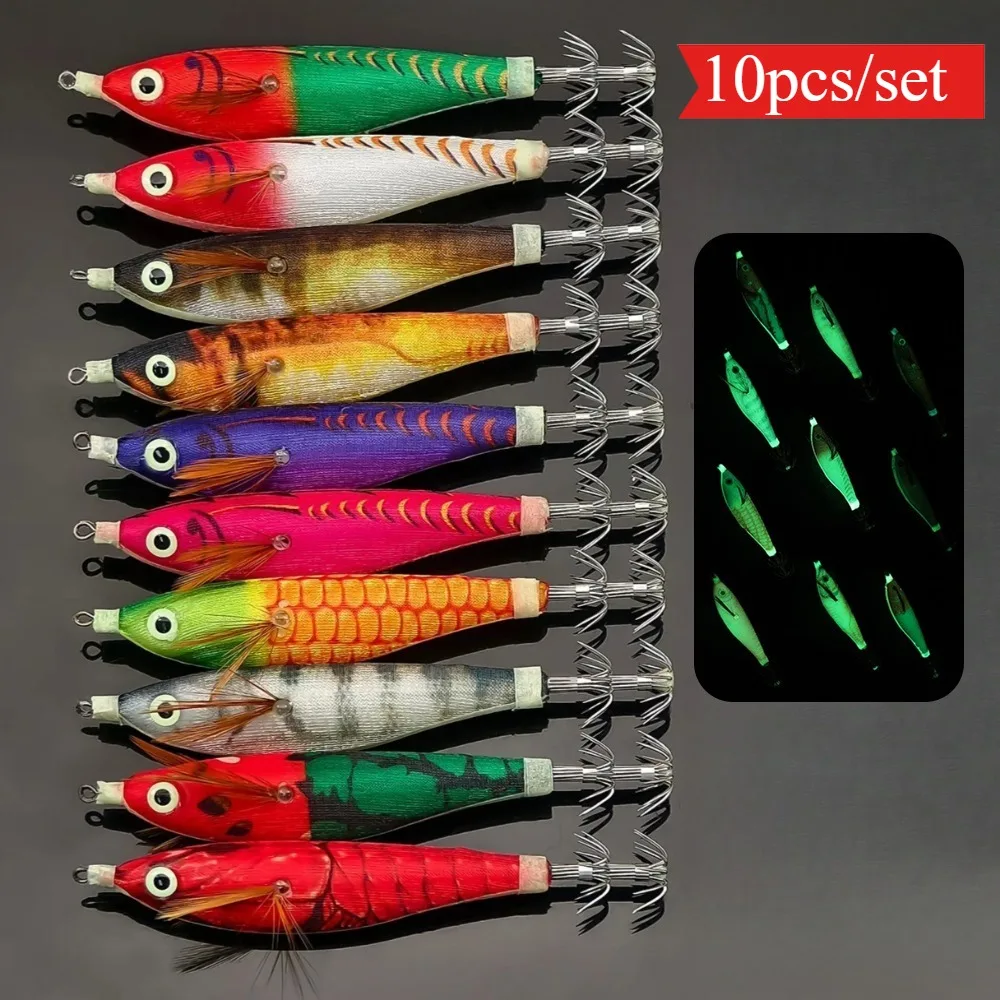 10 stücke 10,5 cm Glow Horizontale Tintenfisch Jig Haken Salzwasser Garnelen Angeln Lockt Tintenfisch Angeln Zubehör Octopus Köder Köder