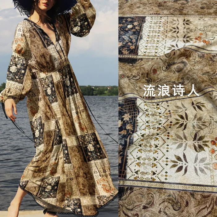 Vintage Bohemian Abstract Print Silk Stretch Crepe De Chine Fabric Mulberry Silk Material for Dresses