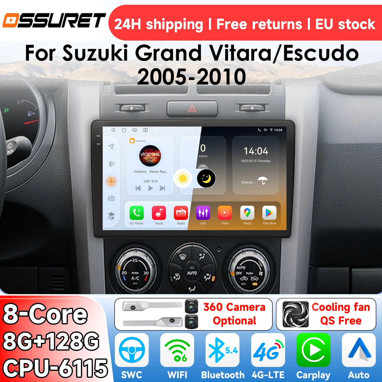 Autoradio OSSURET AI Android 14 per Suzuki Grand Vitara/Escudo 2005-2015, Sistema Multimediale Smart CarPlay, Lettore Video GPS, 4G, 6115