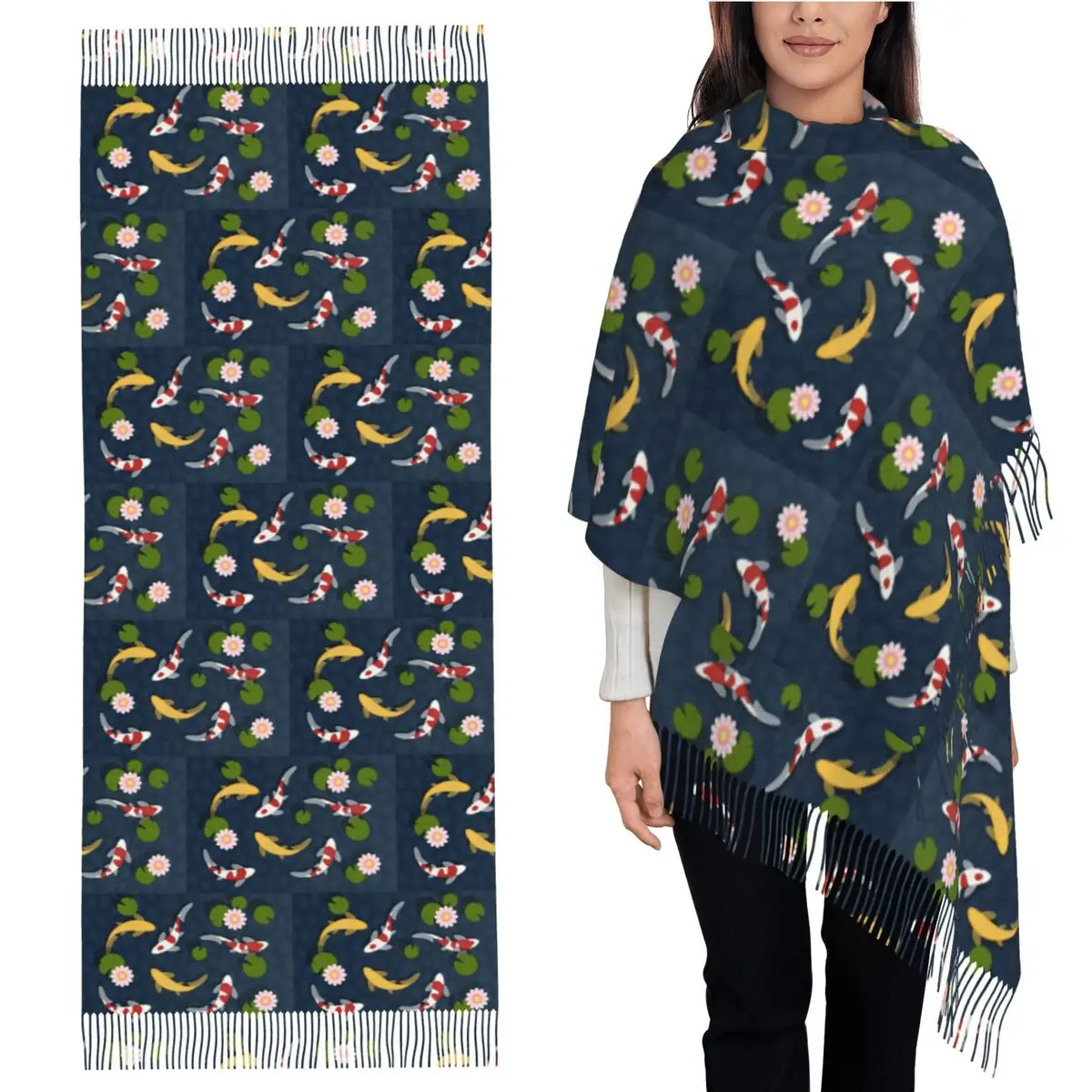 

Японский шарф с рыбой кои, шарфы с кисточками, женские мягкие теплые шали и накидки, большая осенне-зимняя шаль