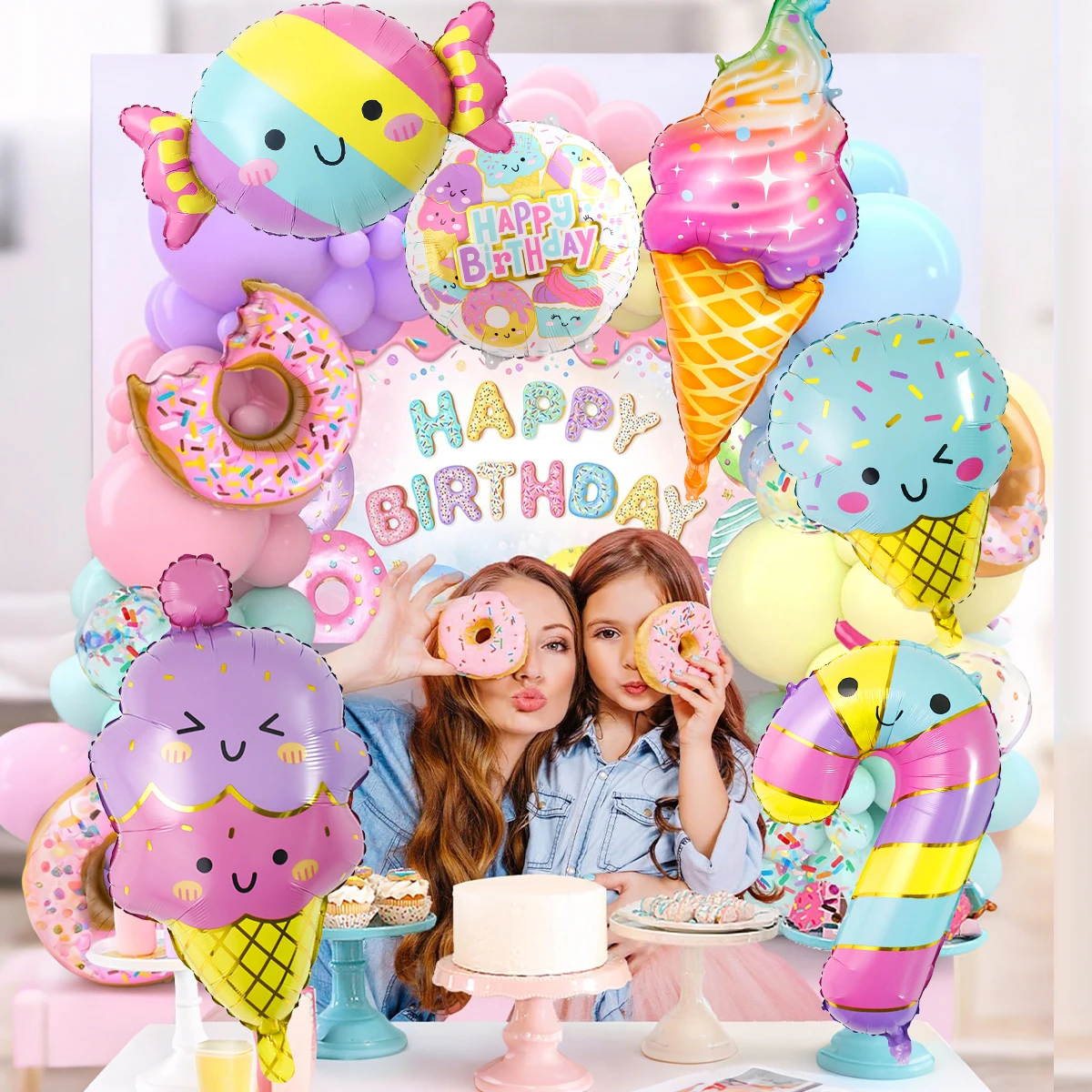 7 piezas - Juego de globos con temática de dulces y helados, incluye globos de donuts y globos de helado arcoíris, para bodas, cumpleaños