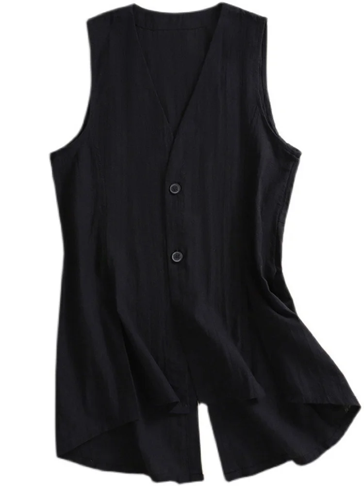カジュアル Vネック レディース リネン タンクトップ コットンリネン ベスト ジャケット 通勤 スタイリッシュ ボタンディテール ミドル丈 片面ボタン