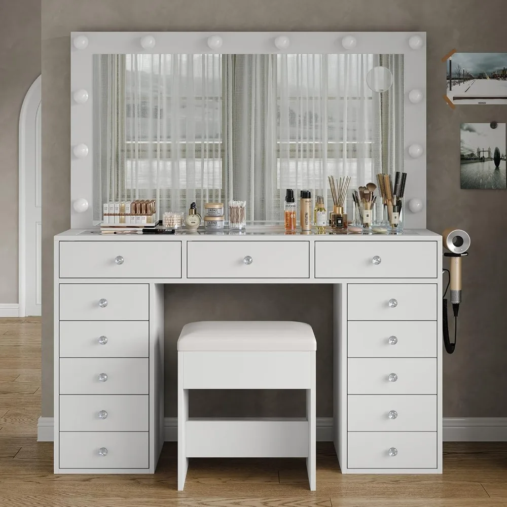 

Vanity with Charging Station, 13 Drawers Vanity Desk with 12 LED Bulbs and HD Mirror, 3 Color Brightness Adjustable