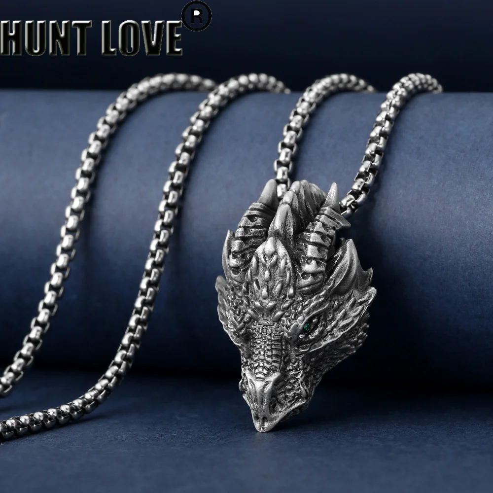 Pure Tin Dragon Pendant Necklace Stainless Steel Chains Dinosaur Necklace Luxury Green Rhinestone Retro Style Hip-Hop Jewelry