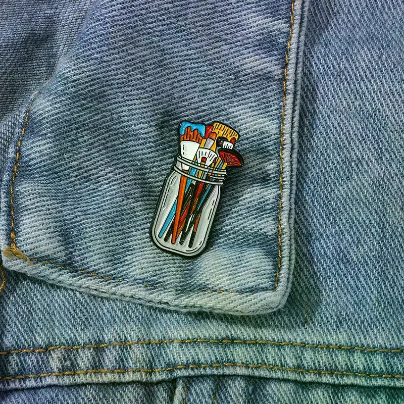 

Кисти для рисования в прозрачной банке, эмалевые значки, УФ-печать, значки художника, принадлежности для художников, броши, кисти для макияжа, значки-пины