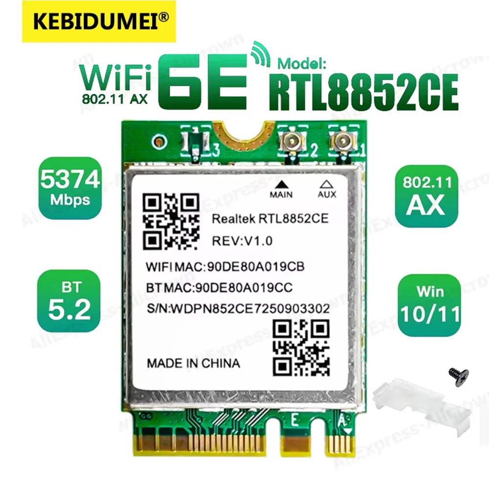 

Сетевая карта Wi-Fi 6E RTL8852CE M.2 5400 Мбит/с BT5.3 Беспроводной адаптер 2,4/5/6 ГГц Сетевая карта 802.11AX Сигнал Wi-Fi-приемник для ПК