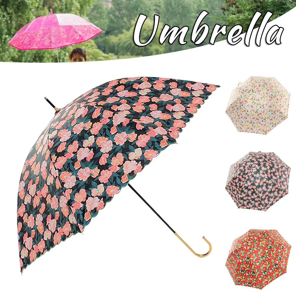 Ladies Floral Umbrellas Strong Windproof Fresh-style Large Umbrellas Outdoor UV Sun Protection Umbrella Long Handle J Hook