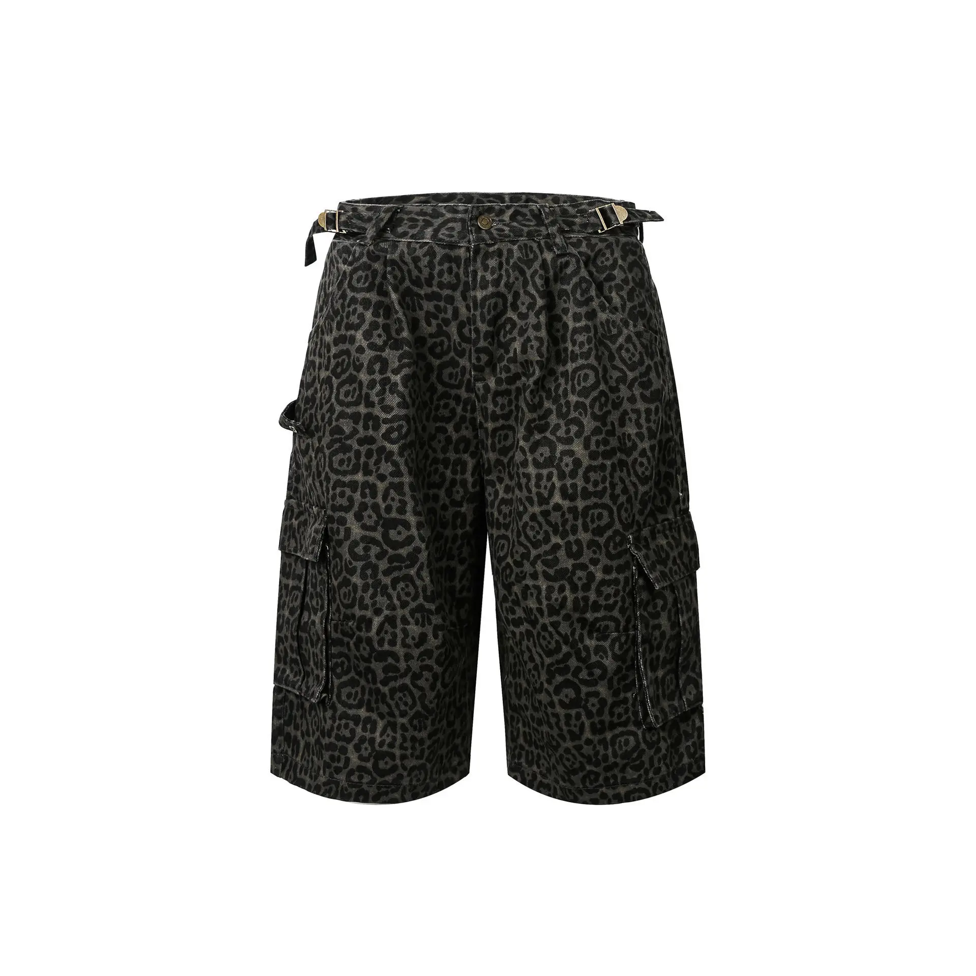 Men's Fashion Leopard Hip Hop Short Jeans Loose Fit Cargo Denim Shorts With Multi Pockets Summer Oversized Y2K Jeans Shorts