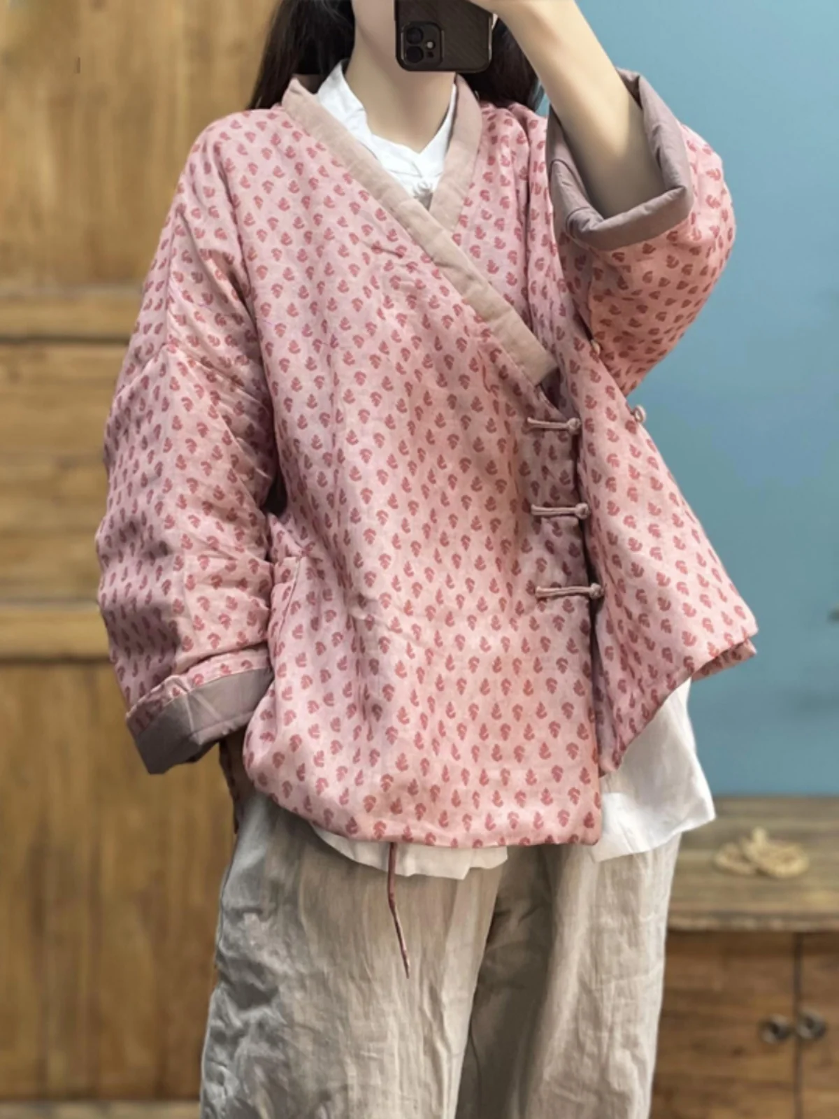 

High-End Japanese Sle Cotton Jaet with Bule And Print Chinese Sle Loose Large Size Cotton Coat for Women