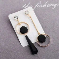 Rock Black Color Metal Flower Drop Earrings for Women Geometry Round Heart Leaf Butterfly Crystal Brincos Party Jewelry Gift
