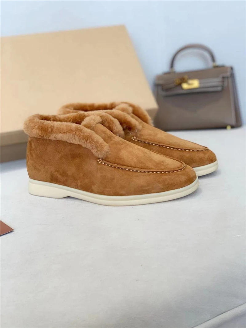 Not Logo Winter Women's Fur-Lined Leather Loafers: Warm, Flat, Unisex Designer Luxury Slip-On Footwear for Men and Women