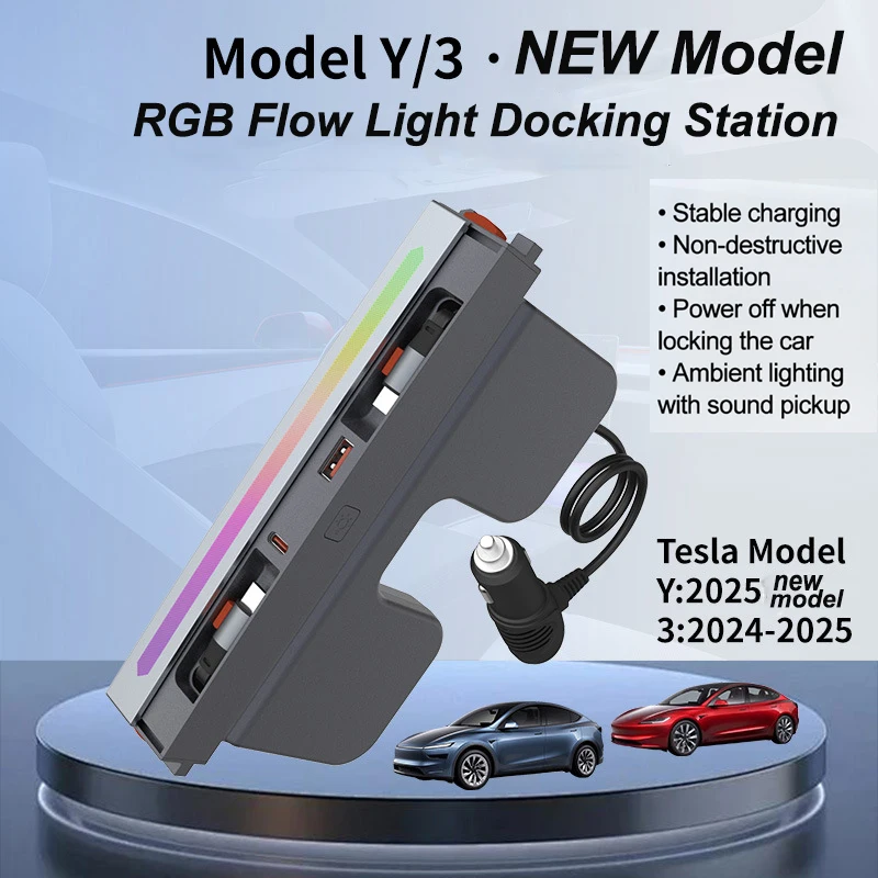 Station d'accueil RGB Flow Light Type C + Type C 155W à charge rapide avec câble rétractable pour Tesla Model Y/3 2024-2025
