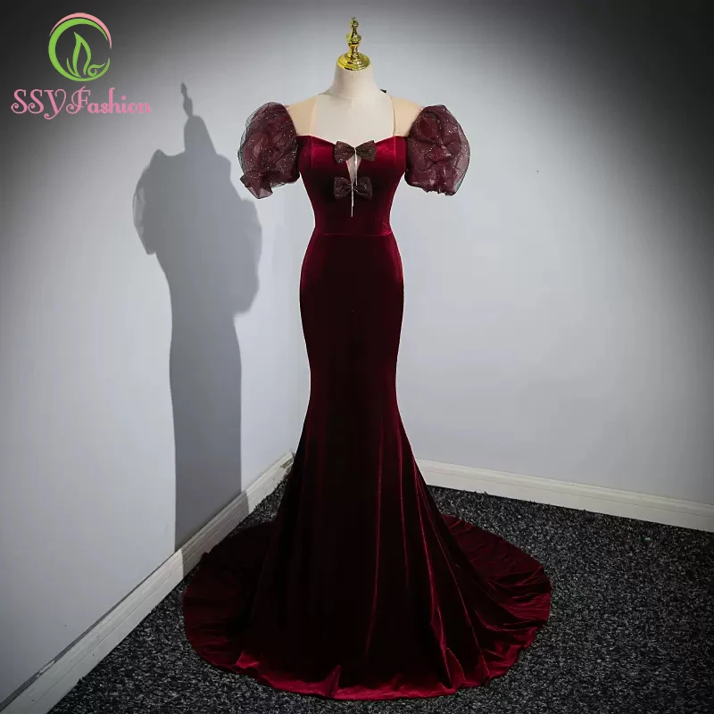 

Custom Made Elegant Banquet Wine Red Velour Mermaid Evening Dress Sexy Slim Puff Sleeve Fishtail Formal Gowns for Women Vestidos