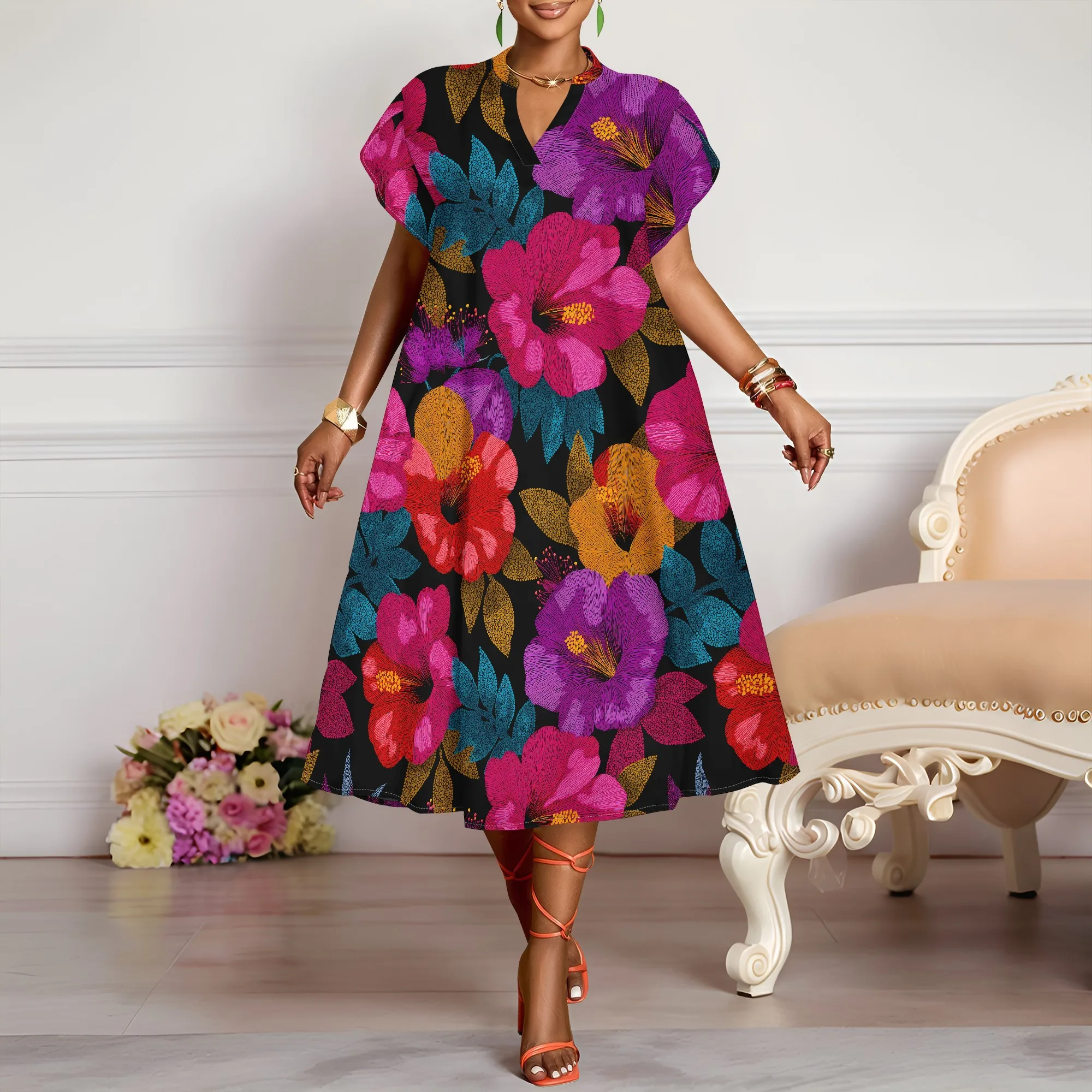 Floral V Neck Dress, Vibrant Hibiscus Print Midi Dress, Short Sleeve Summer Dress for Women, Beach Party Vacation Wear, XS-3XL